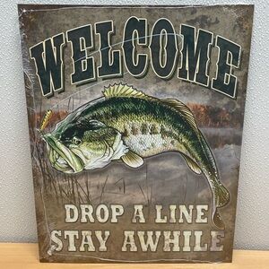Welcome Bass Metal Sign 12.5”x16” Largemouth Bass Fishing Decor.